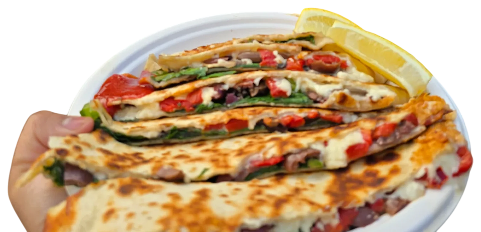 Veggie Plus gözleme with spinach, capsicum, olives and lemon